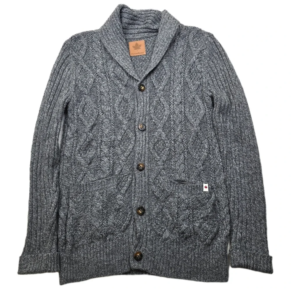Canadiana Shawl Collar Cardigan‎ Sweater Mens Small Gray Cable Knit Chunky!